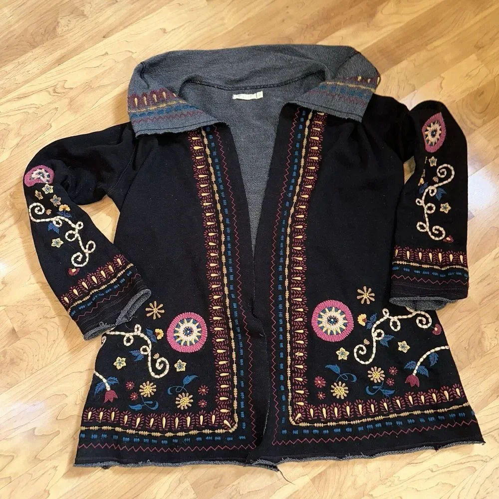 Caite Floral Embroidered Open Front Cardigan Black Size Small - Picture 1 of 9